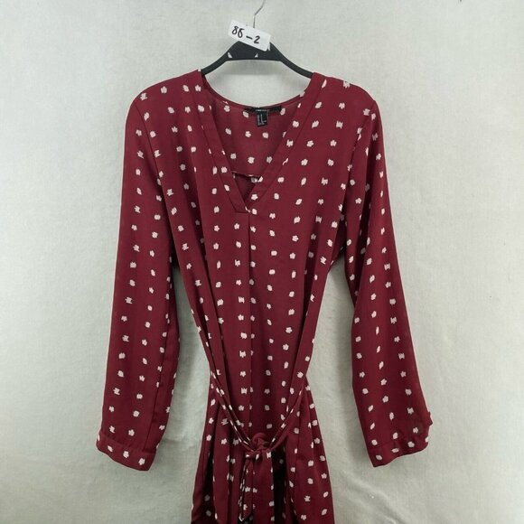 Forever21 Dress Sz M Wine Red Shift White Polka Dot V-Neck Tie Waist Long Sleeve - Picture 6 of 11